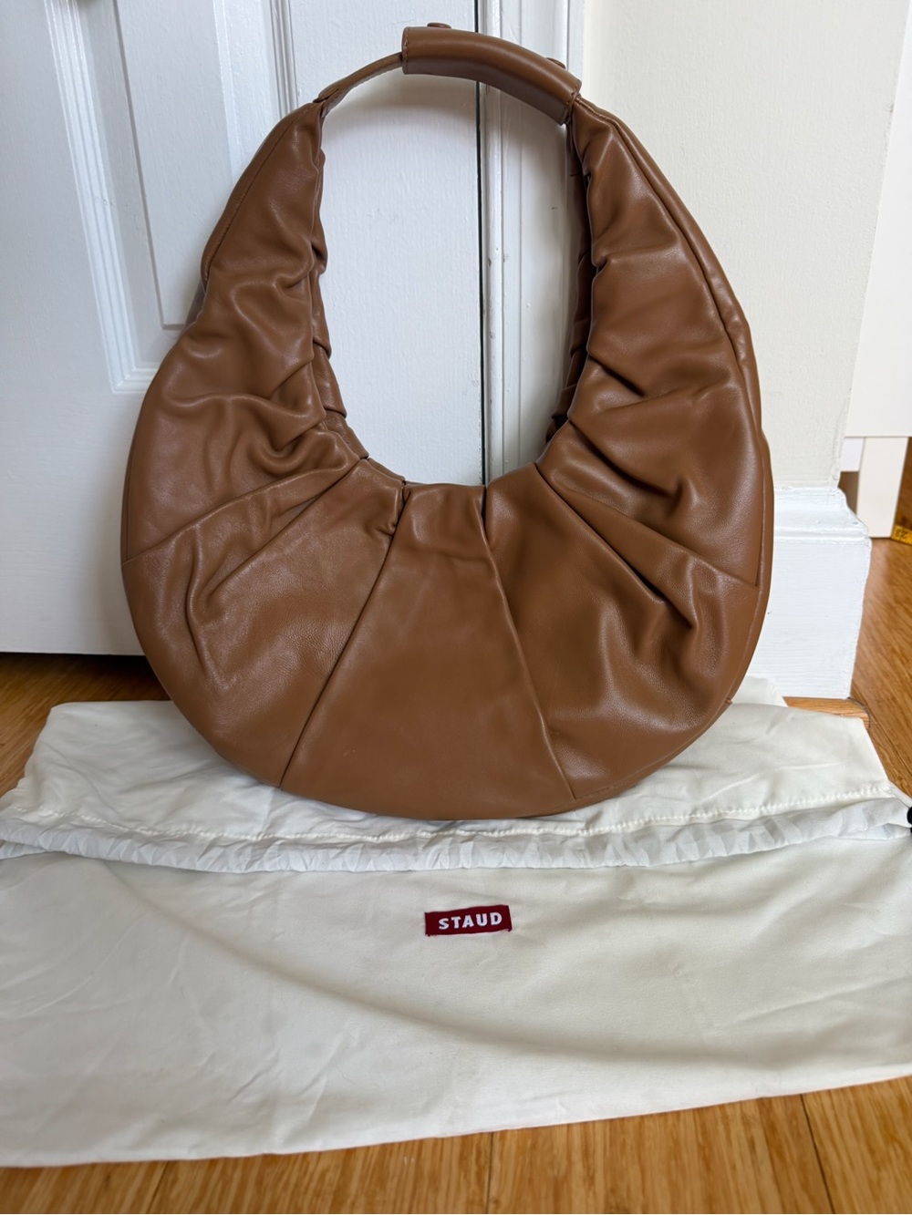 STAUD Large Soft Moon Bag Brown Leather Ruched Hobo Crescent Shoulder Dust Bag